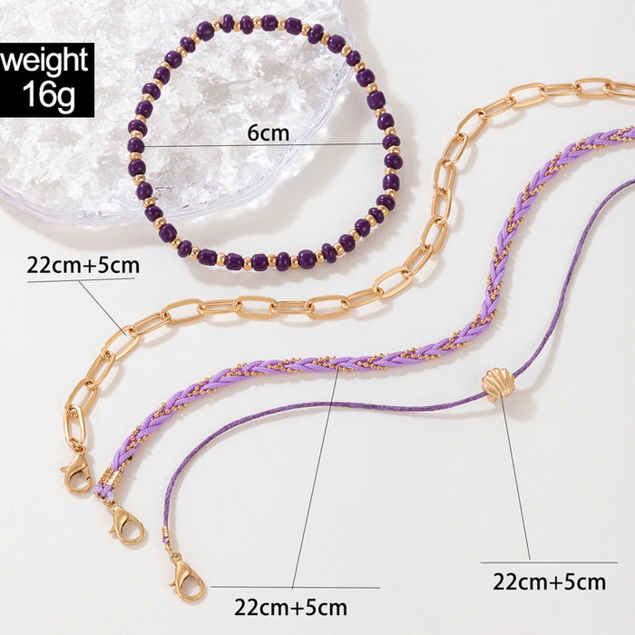 Bohemian-Style Shell and Beaded Multi-Layer Anklet Set