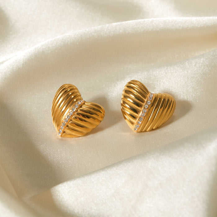 18K Gold Plated Stainless Steel Ribbed Heart Earrings - Trendy Jewelry for Women