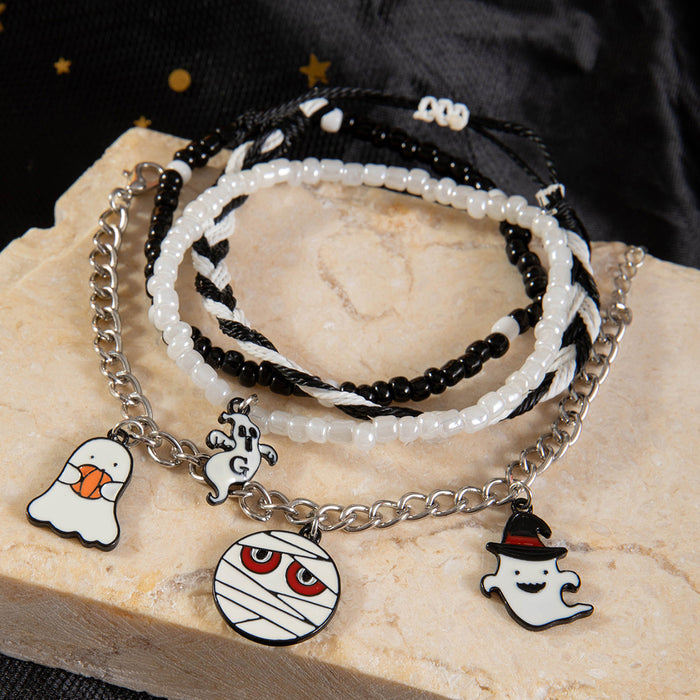 Halloween Devil and Ghost Beaded Bracelet Set - Four-Piece Beaded Jewelry with Enamel Accents