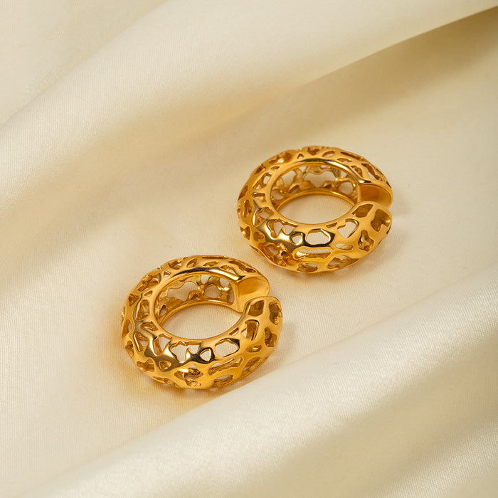 New 18K Gold Plated Stainless Steel Hollow C-Shaped Clip Earrings - Fashionable Jewelry for Women