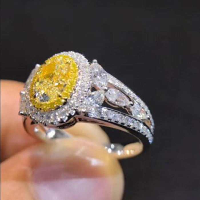 Hollow yellow diamond zircon ring bride wedding jewelry