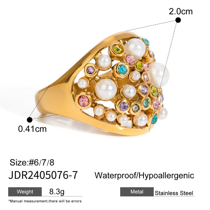 Stainless steel zircon pearl ring