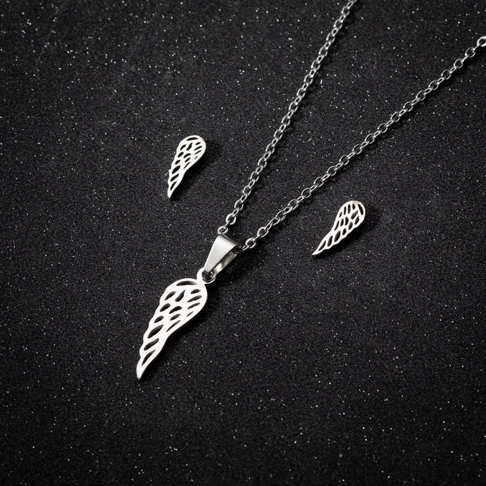 Angel Wings Feather Pendant Necklace Earrings Two-piece Set, Stainless Steel Simple Jewelry Wholesale