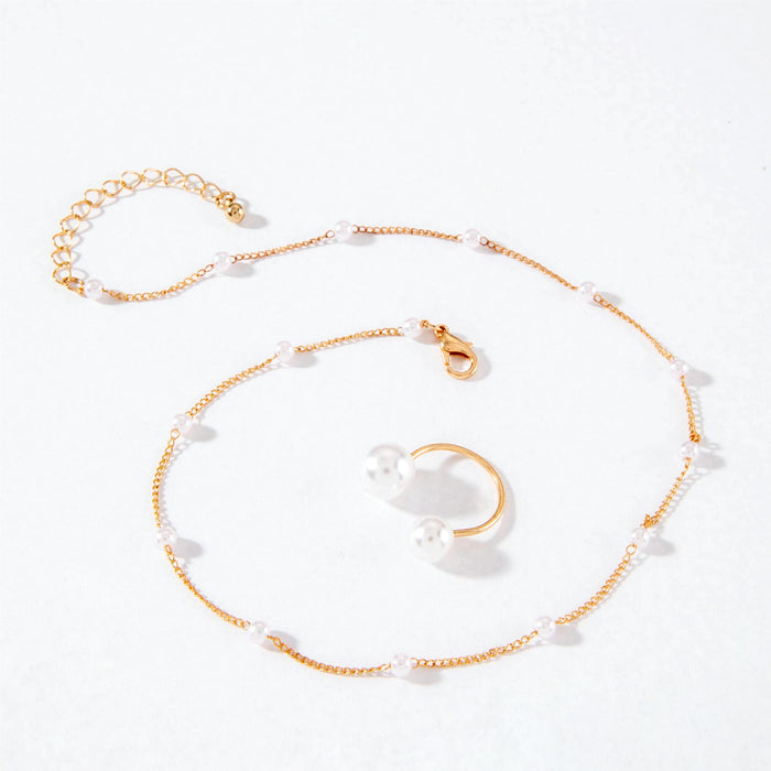 Elegant Geometric Pearl Necklace with Open Ring Set