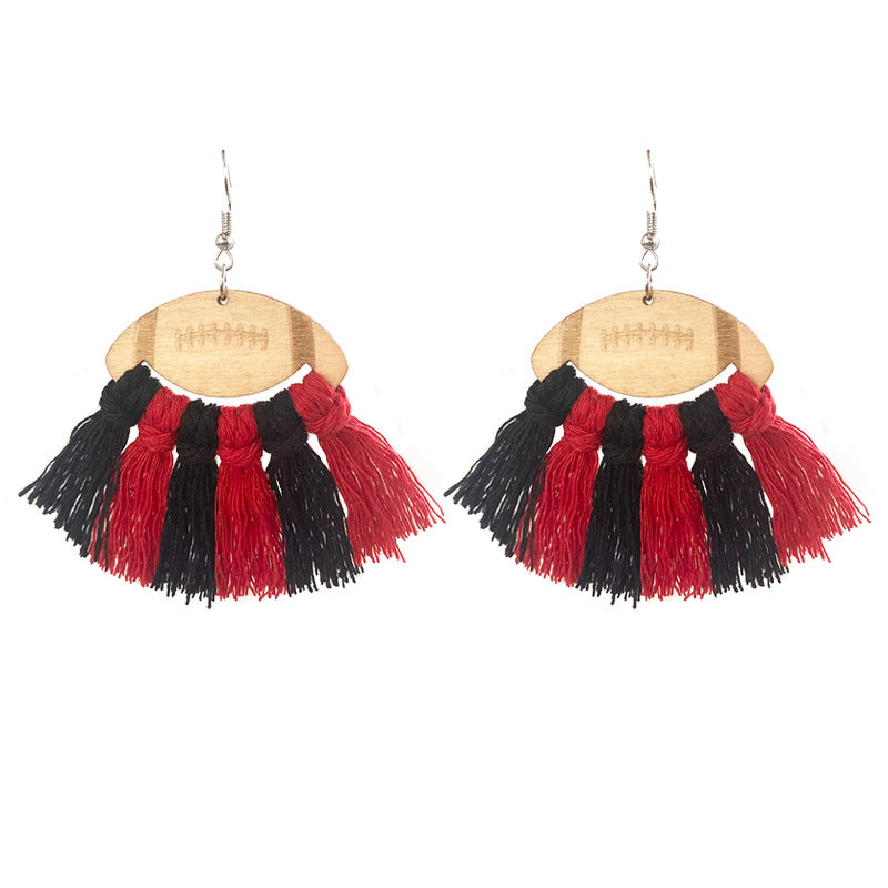 American Football Cheerleader Themed Woven Tassel Wooden Earrings for a Unique Stylish Look