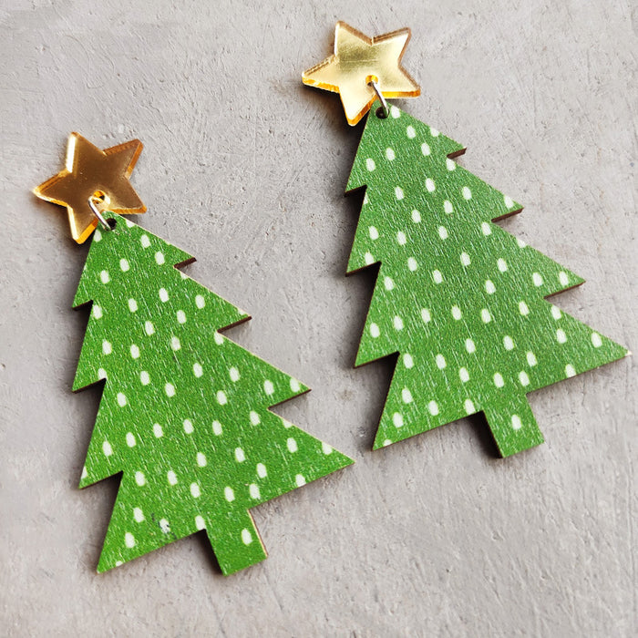 Wooden Christmas tree earrings