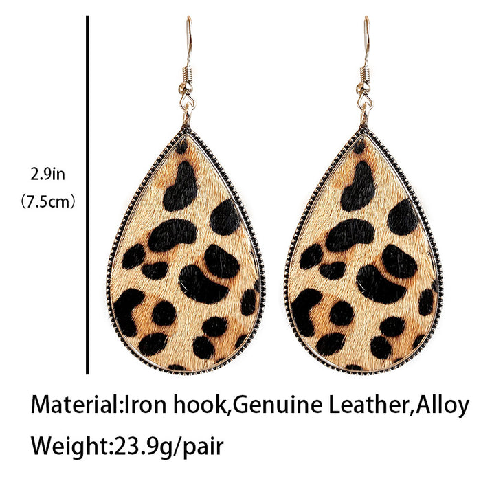 Textured Cowhide Leather Earrings with Leopard Print and Western Style