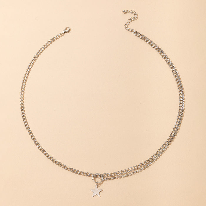 Silver Chain Tassel Round Ring Star Pendant Single Layer Necklace with Ins Trend Design