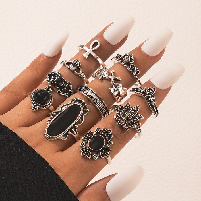 Black Gemstone Rhinestone Flower and Heart Rings - 11pcs Set