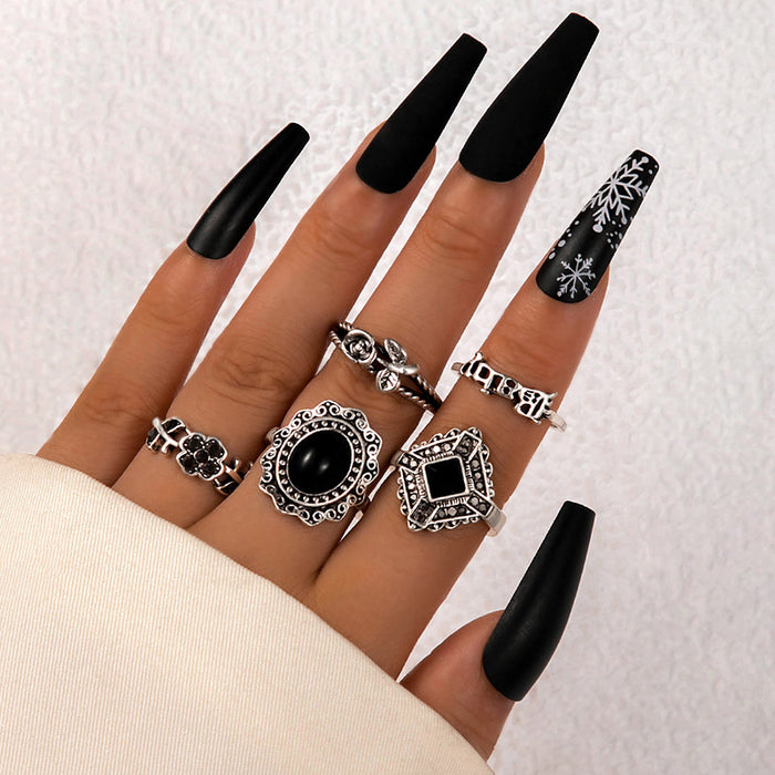 Black oil drop rose flower alphabet five-piece ring set