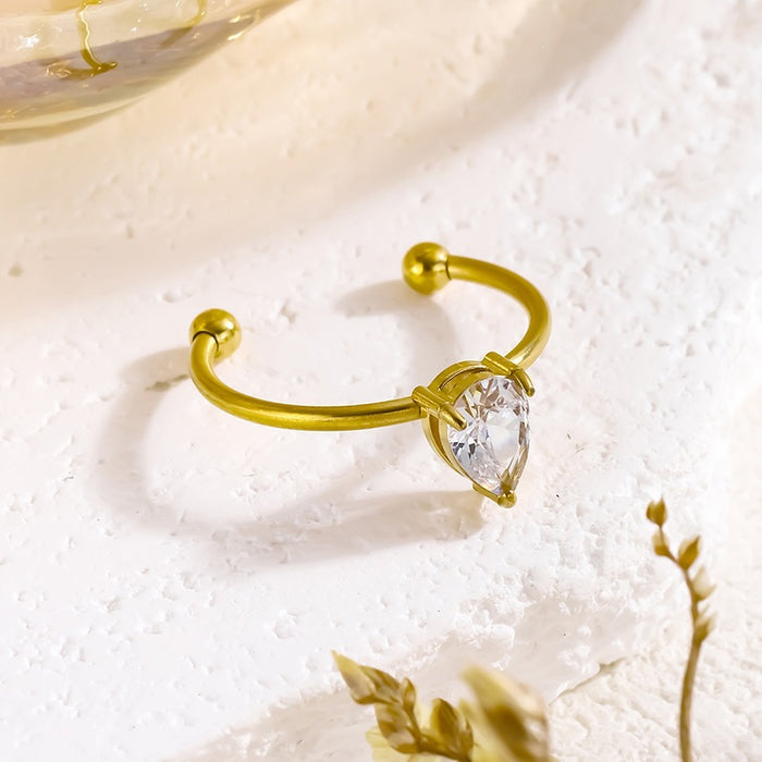 Wholesale 18K gold, stainless steel, titanium steel, teardrop-shaped adjustable ring with zircon.