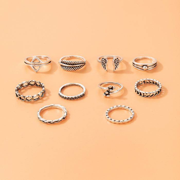 Vintage leaf ring set, geometric love wings ten-piece joint ring