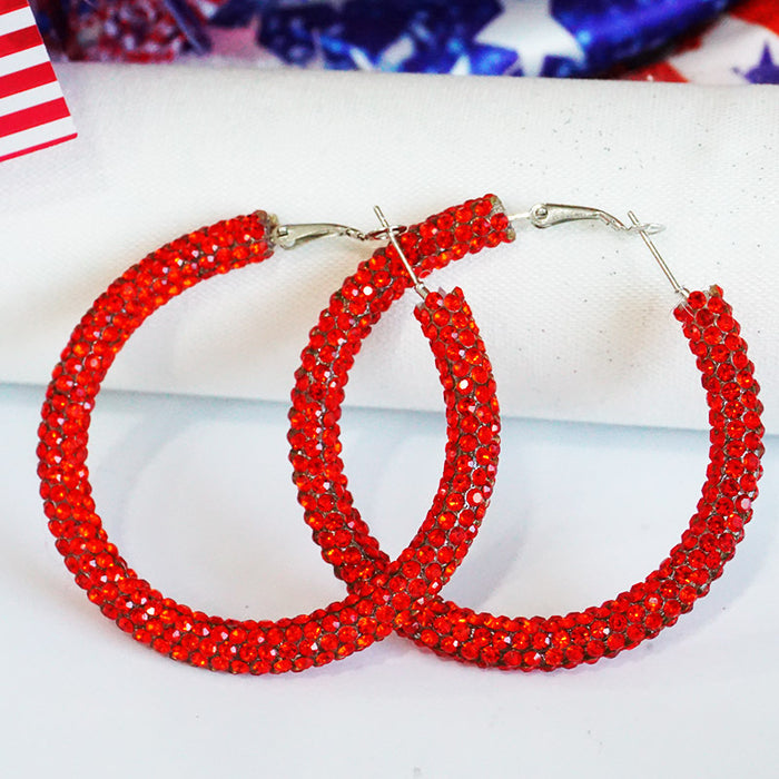 Independence Day Hoop Earrings with Sparkling Rhinestones in Patriotic Colors