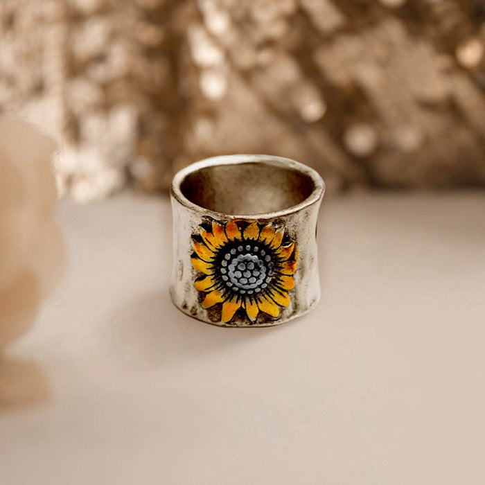 Anillo con estampado de girasol para parejas de hombres y mujeres, anillo de sol retro