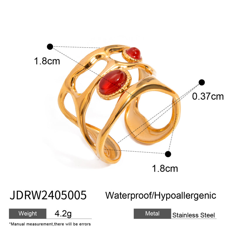 Anillo abierto de ágata roja de acero inoxidable