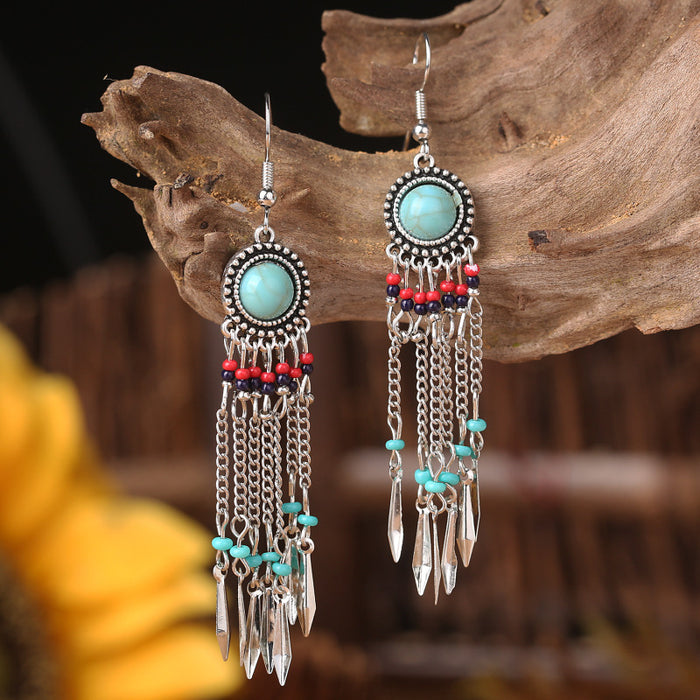 Bohemian Turquoise Ethnic Tassel Earrings with Metal Chain Design