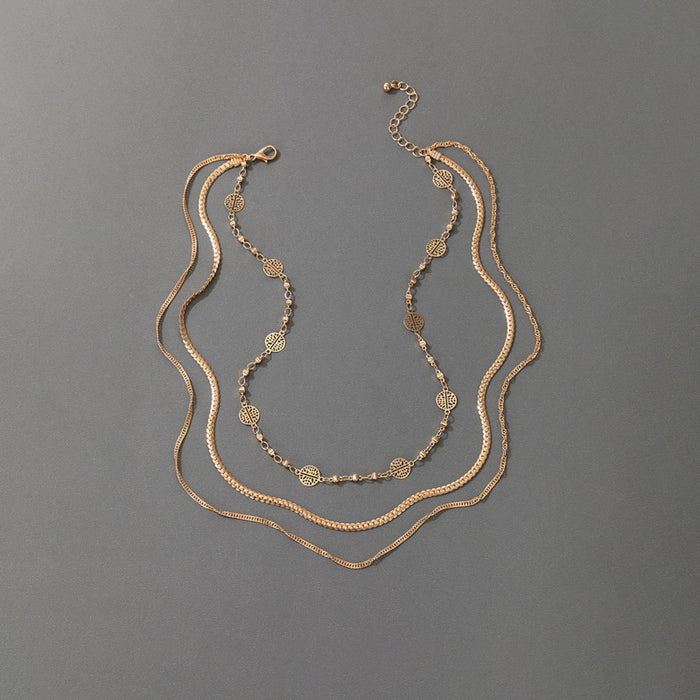 Alloy Snake Bone Multilayer Necklace - Round Leaf Triple-Layer Chain Set