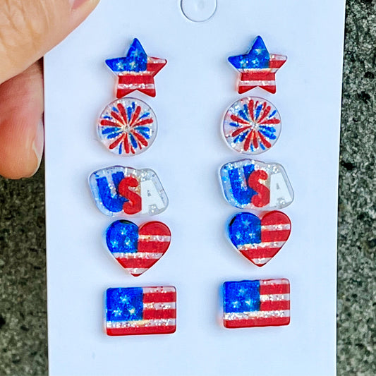 Independence Day Earrings with American Flag, Heart, and Star Designs