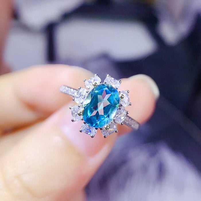 Colored Gemstone Series Ring Sea Blue Zircon Women's Ring Fashionable Tik Tok Live Broadcasting Model