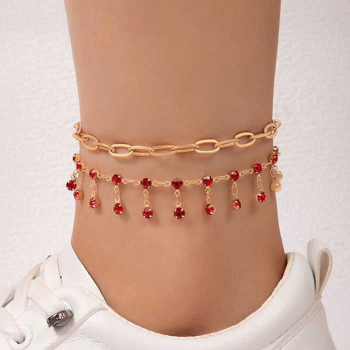 Crystal Tassel Double-Layer Anklet with Geometric Chain Design