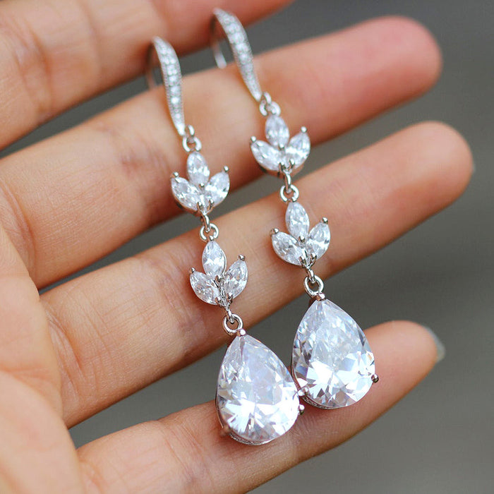 Crushed diamond teardrop zircon earrings long commuter earrings