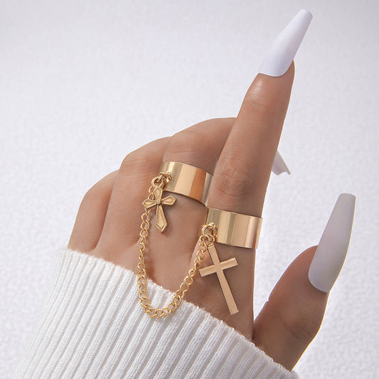 Cadena de mano con colgante de doble cruz y anillo de aleación suave: joyería de hip hop de moda para mujeres