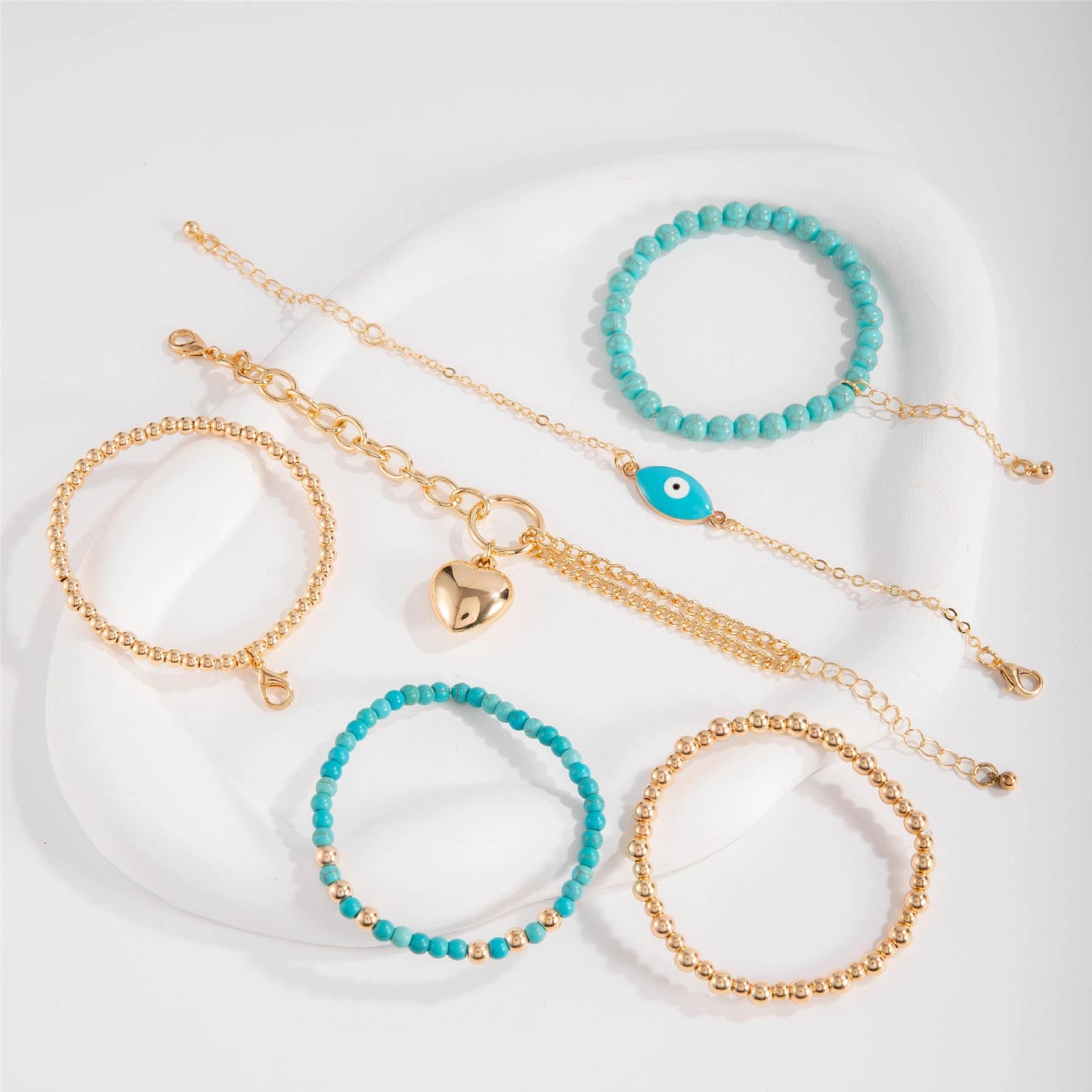 Turquoise and Multicolor Bead Bracelet Set with Heart Charm - Six Pieces