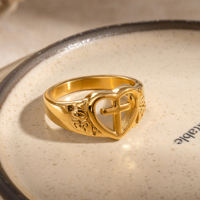Stainless steel cross heart ring