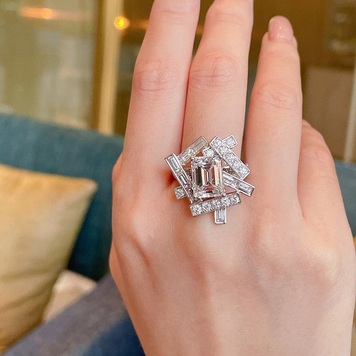 Interwoven rectangular ring ins geometric diamond ring high and low staggered design