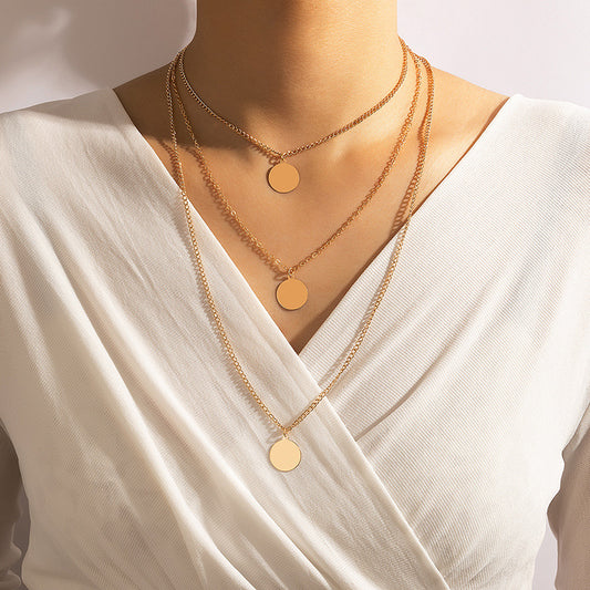 Metal Round Disc Three-Layer Necklace with Geometric Alloy Design