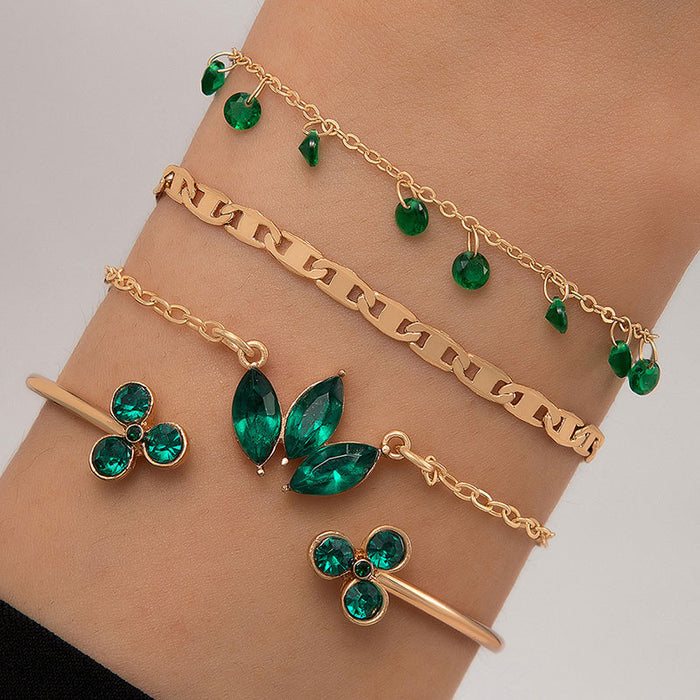 Conjunto de pulseras de trébol de hojas verdes: joyas de mujer de cuatro piezas con diamantes de imitación