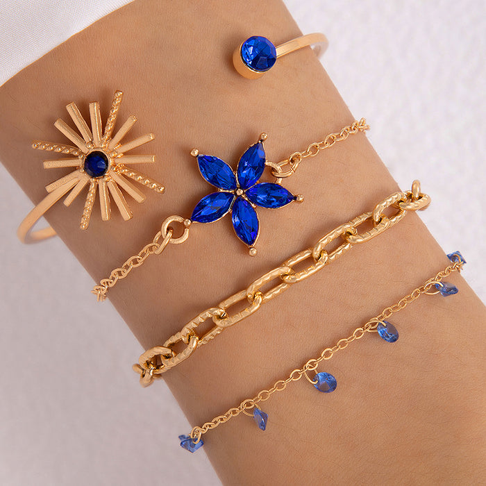 Crystal Flower and Leaf Bracelet Set - Multi-Layer Luxury Jewelry