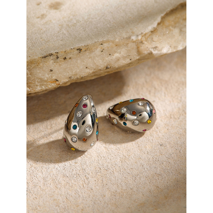 European 2024 Summer New Stainless Steel Zircon Stud Earrings - Unique Colored Zircon Teardrop Jewelry for Women