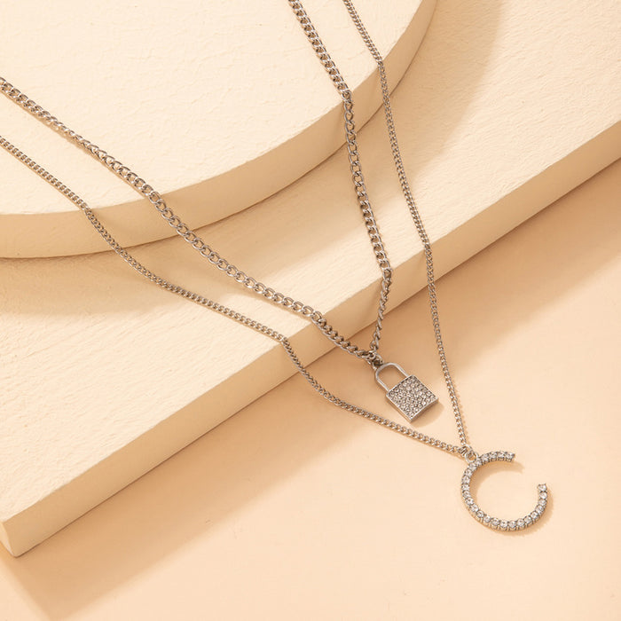 Diamond Lock Double Layer Necklace with Geometric Letter C Pendant