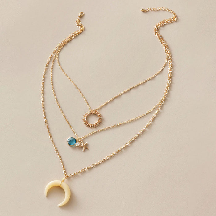 Triple Layered Moon Pendant Necklace - Retro Layered Choker Set