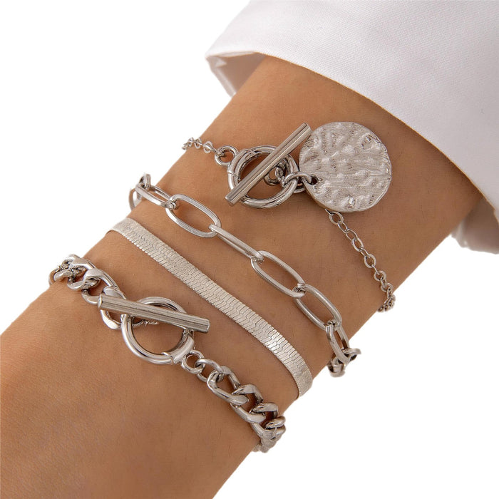 Punk Lock Heart Multi-Layer Bracelet Set - Cold-Tone Geometric OT Buckle Chain Jewelry