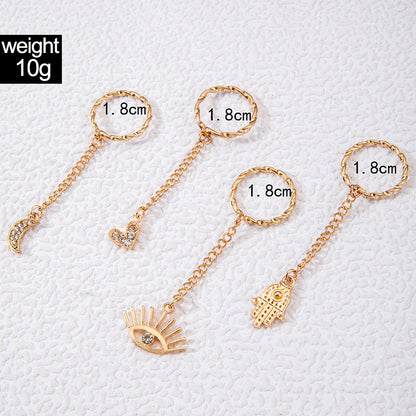 Geometric Moon and Heart Hand Chain Set - Rhinestone Decorated Four-Piece Ring Set for Women