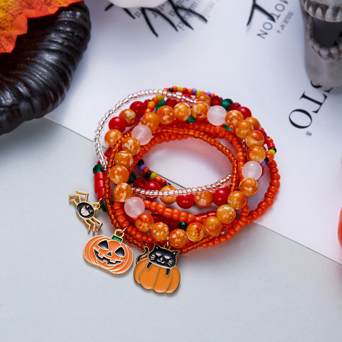 Wholesale Halloween Stackable Polymer Clay Bracelet Sets - Spooky Pumpkin, Ghost & Skull Spelled Beaded Stretch Bracelets