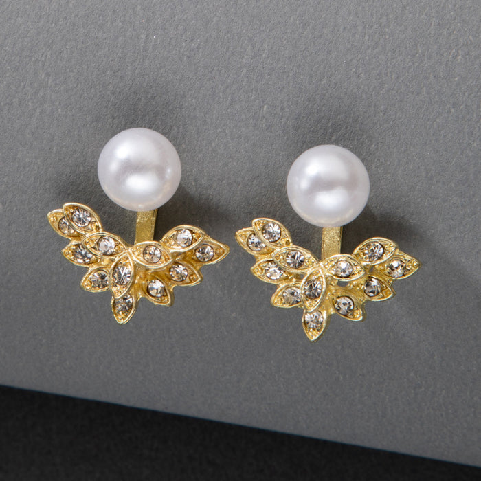 Bow imitation pearl diamond earrings niche front and back earrings