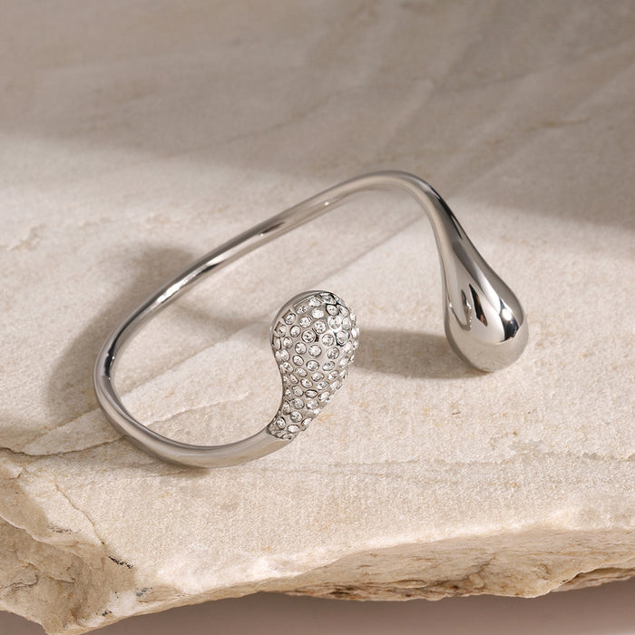 European Asymmetrical Teardrop Zircon Open Bracelet - High-End Stainless Steel Jewelry for Women