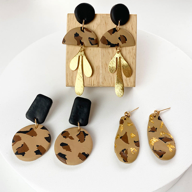 Wholesale Trendy Waterdrop Clay Earrings - Gold Foil Leopard and Floral Design