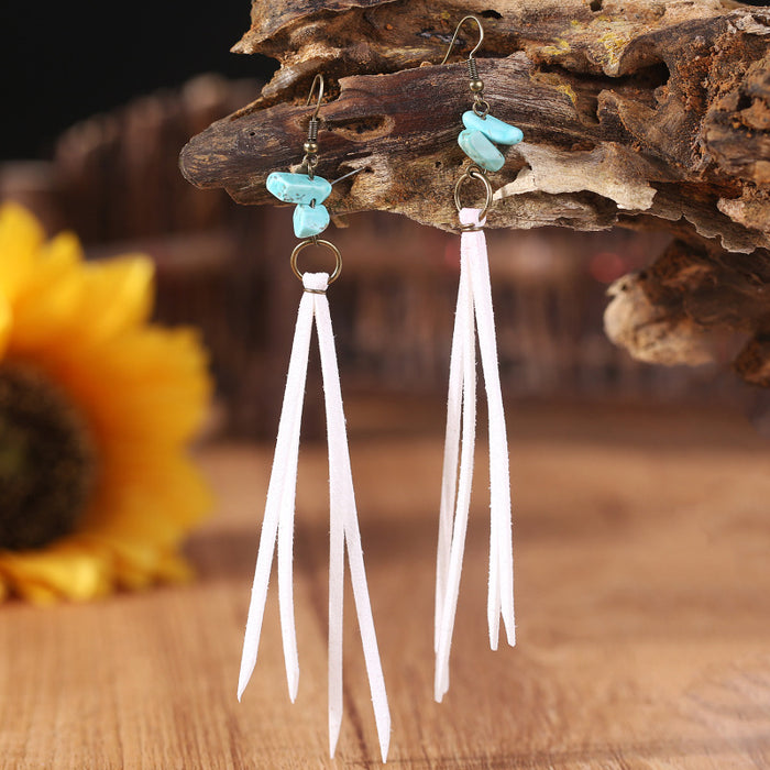 Vintage Long Turquoise Leather Tassel Earrings with Creative Style