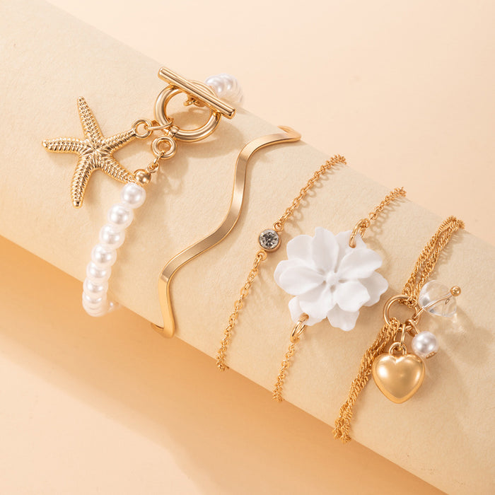 Creative Floral Heart Pearl Bracelet Set - Five-Piece Women's Collection