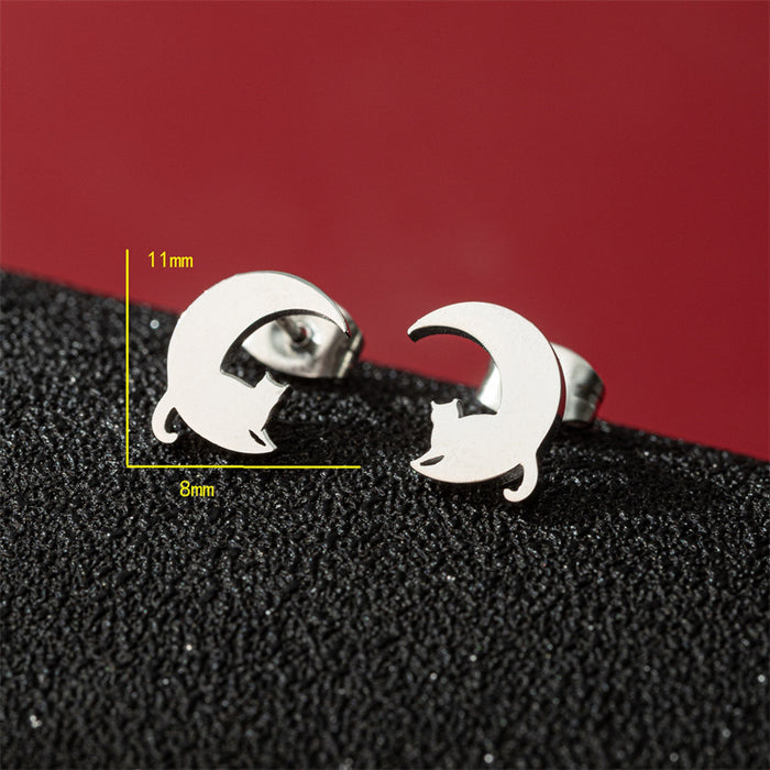 Moon and Cat Stainless Steel Stud Earrings - Simple and Playful Animal Jewelry