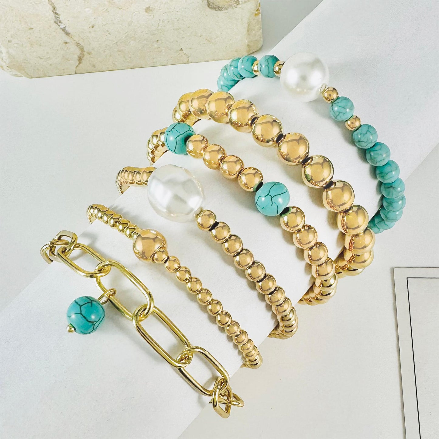 Turquoise Bead Bracelet Set with Bohemian Multilayer Design - Six Pieces