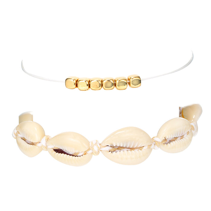 Beach-Style Shell Anklet with Geometric Bead and Woven Design