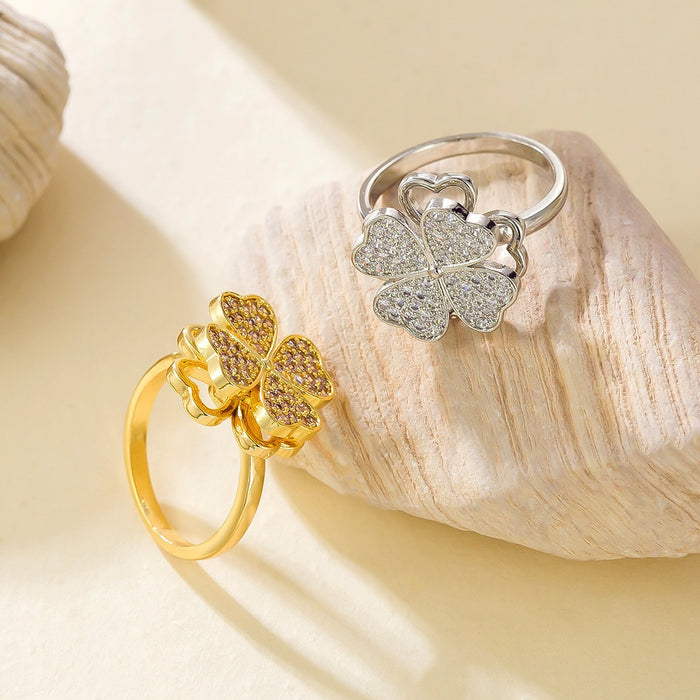 Wholesale zircon four-leaf clover rotating open ring