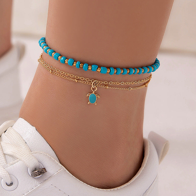 Green Beaded Turtle Tassel Anklet Set - Multilayer Beach Jewelry