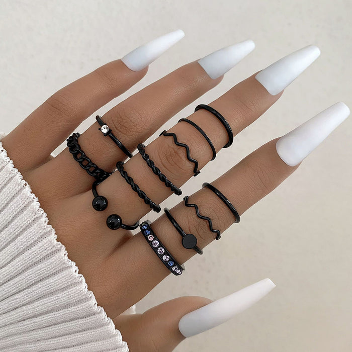 Black diamond twisted joint ring, geometric simple disc wave pattern twelve-piece set