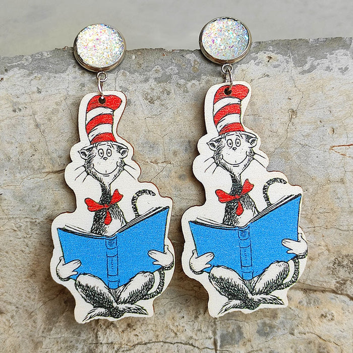 School season wooden cartoon reading earrings